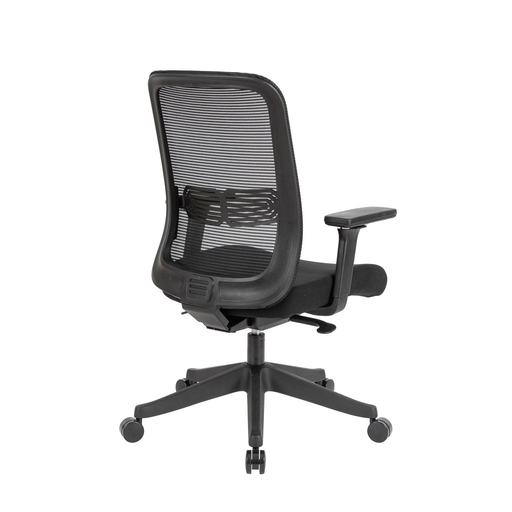 A black mesh office task chair with a padded seat, adjustable armrests, and a five-star wheeled base, shown against a plain white background.