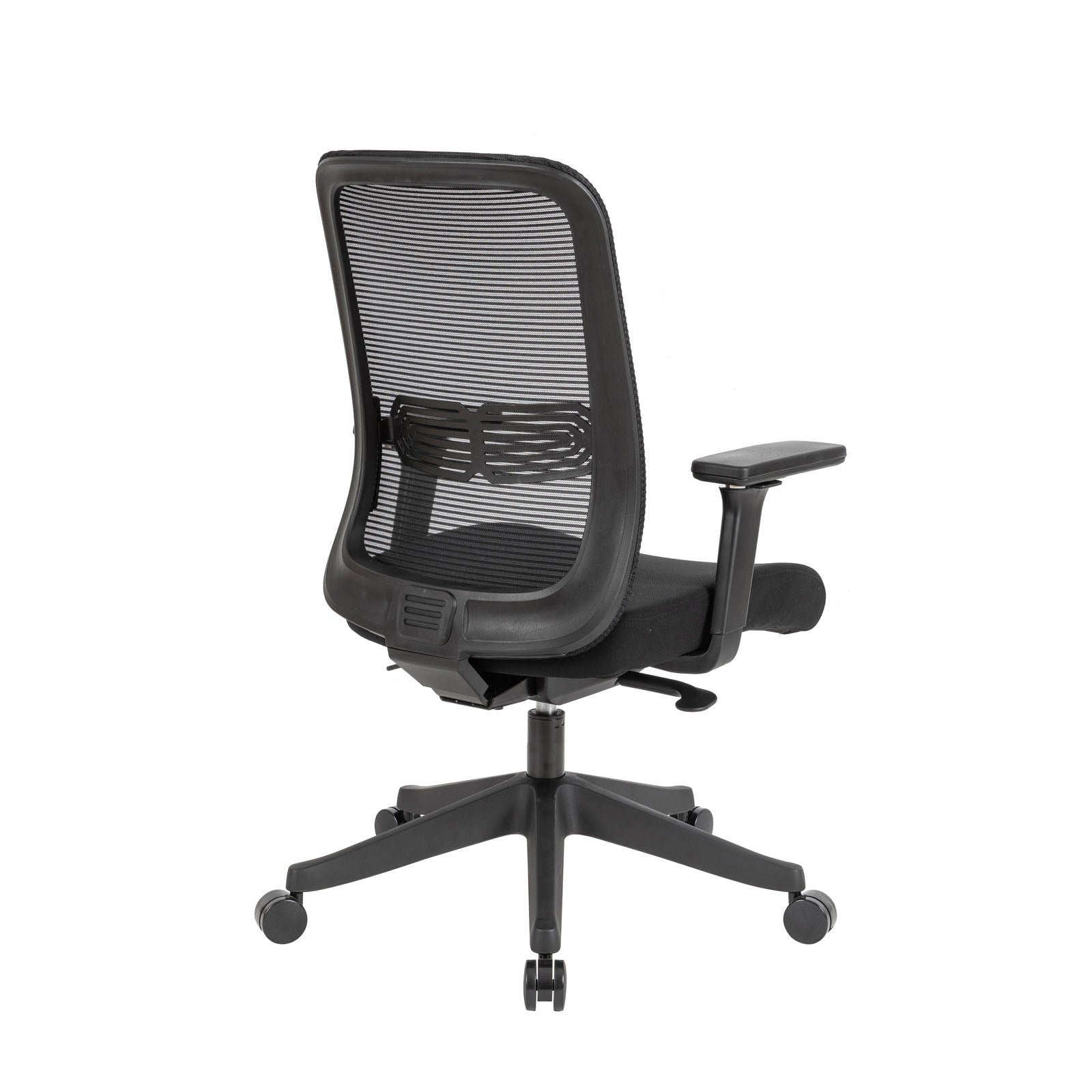 A black mesh office task chair with a padded seat, adjustable armrests, and a five-star wheeled base, shown against a plain white background.