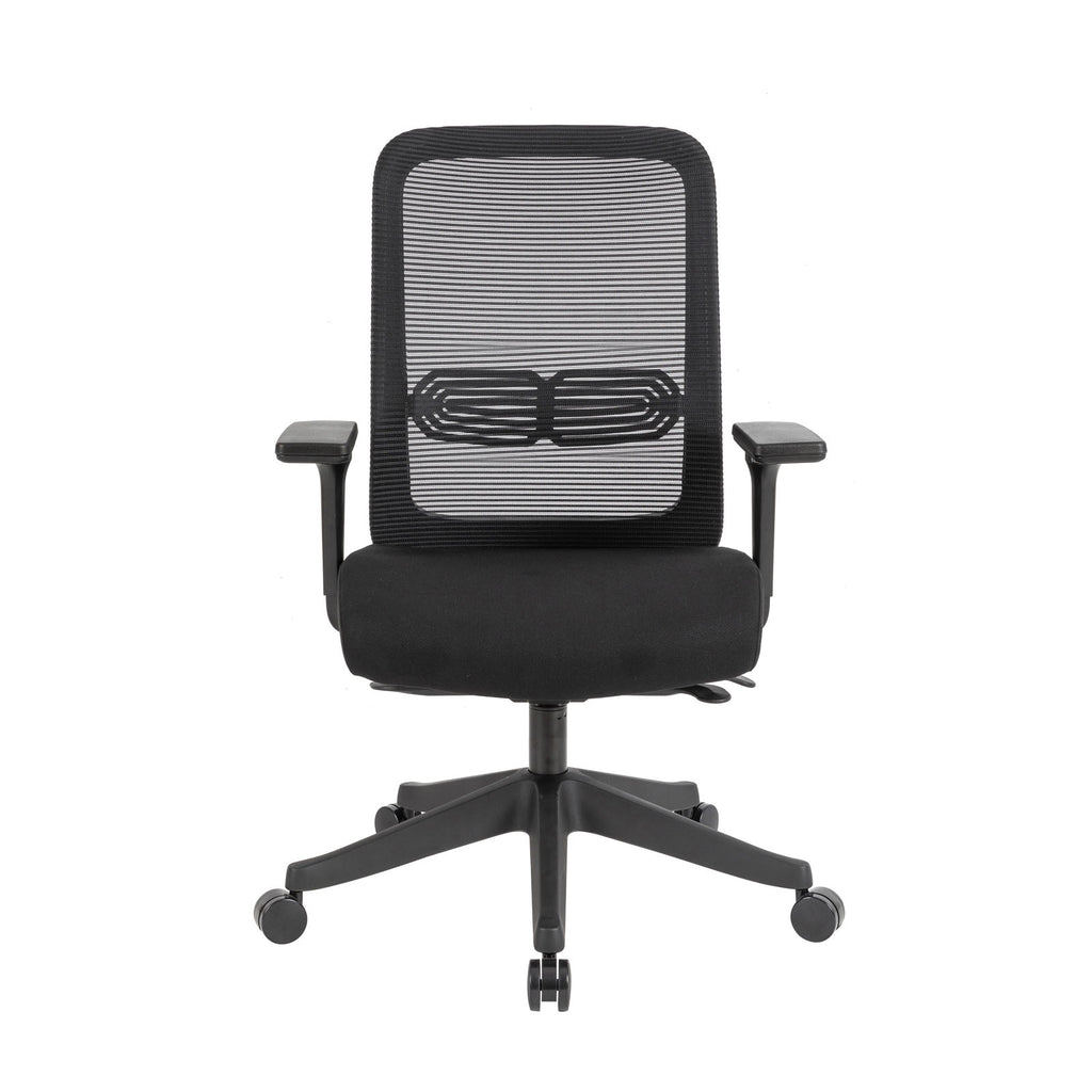A black mesh office task chair with a padded seat, adjustable armrests, and a five-star wheeled base, shown against a plain white background.