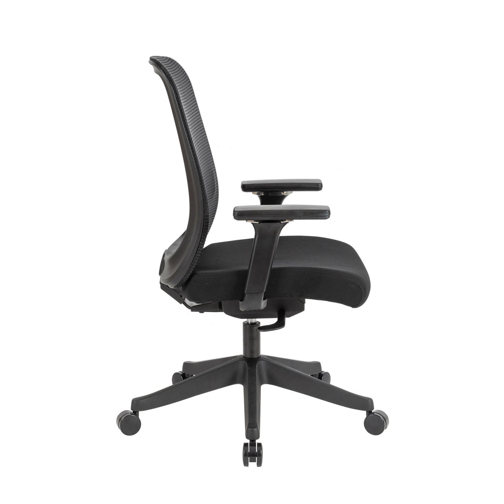 A black mesh office task chair with a padded seat, adjustable armrests, and a five-star wheeled base, shown against a plain white background.