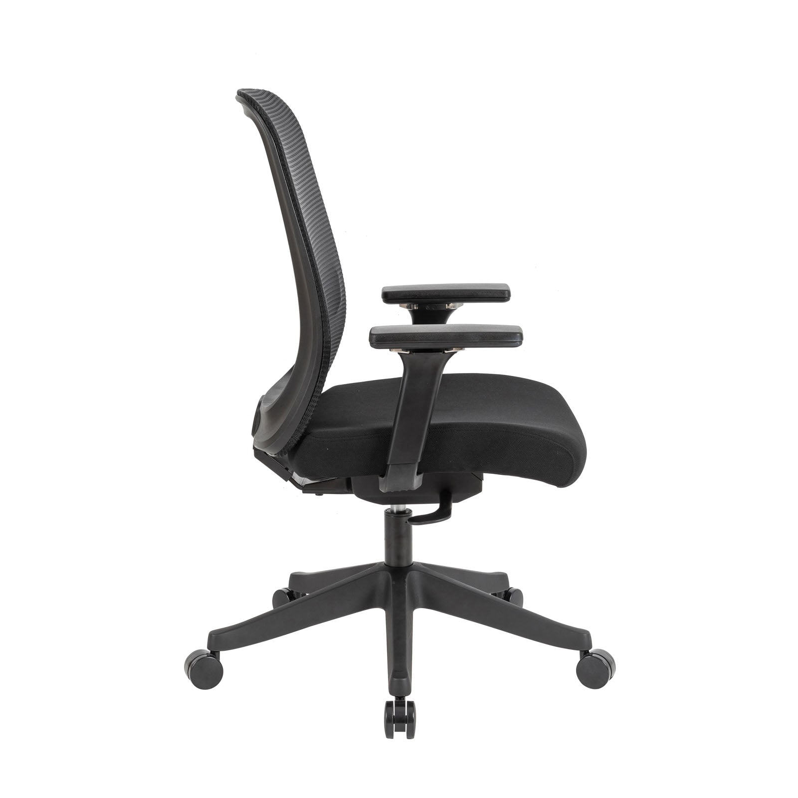 A black mesh office task chair with a padded seat, adjustable armrests, and a five-star wheeled base, shown against a plain white background.