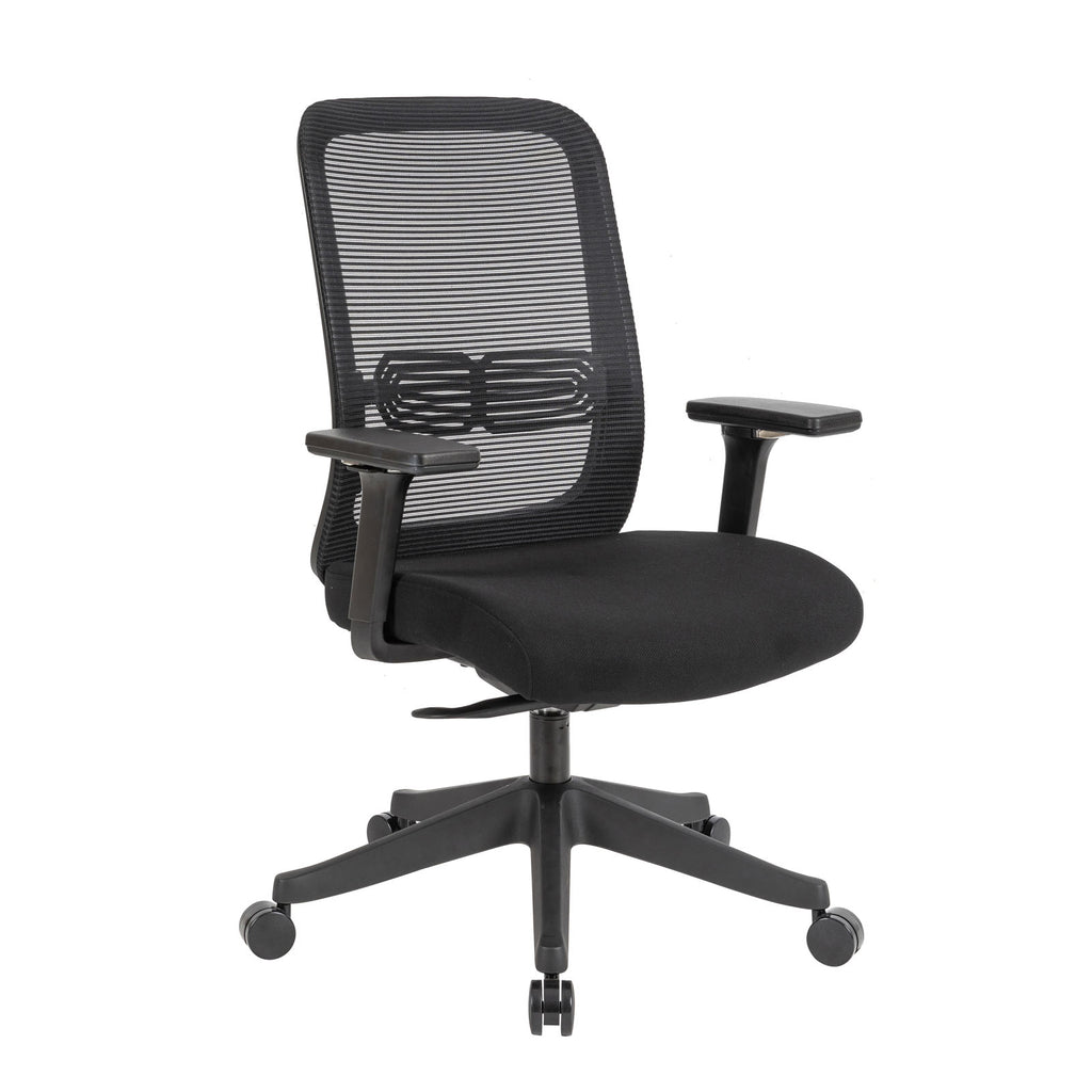 A black mesh office task chair with a padded seat, adjustable armrests, and a five-star wheeled base, shown against a plain white background.