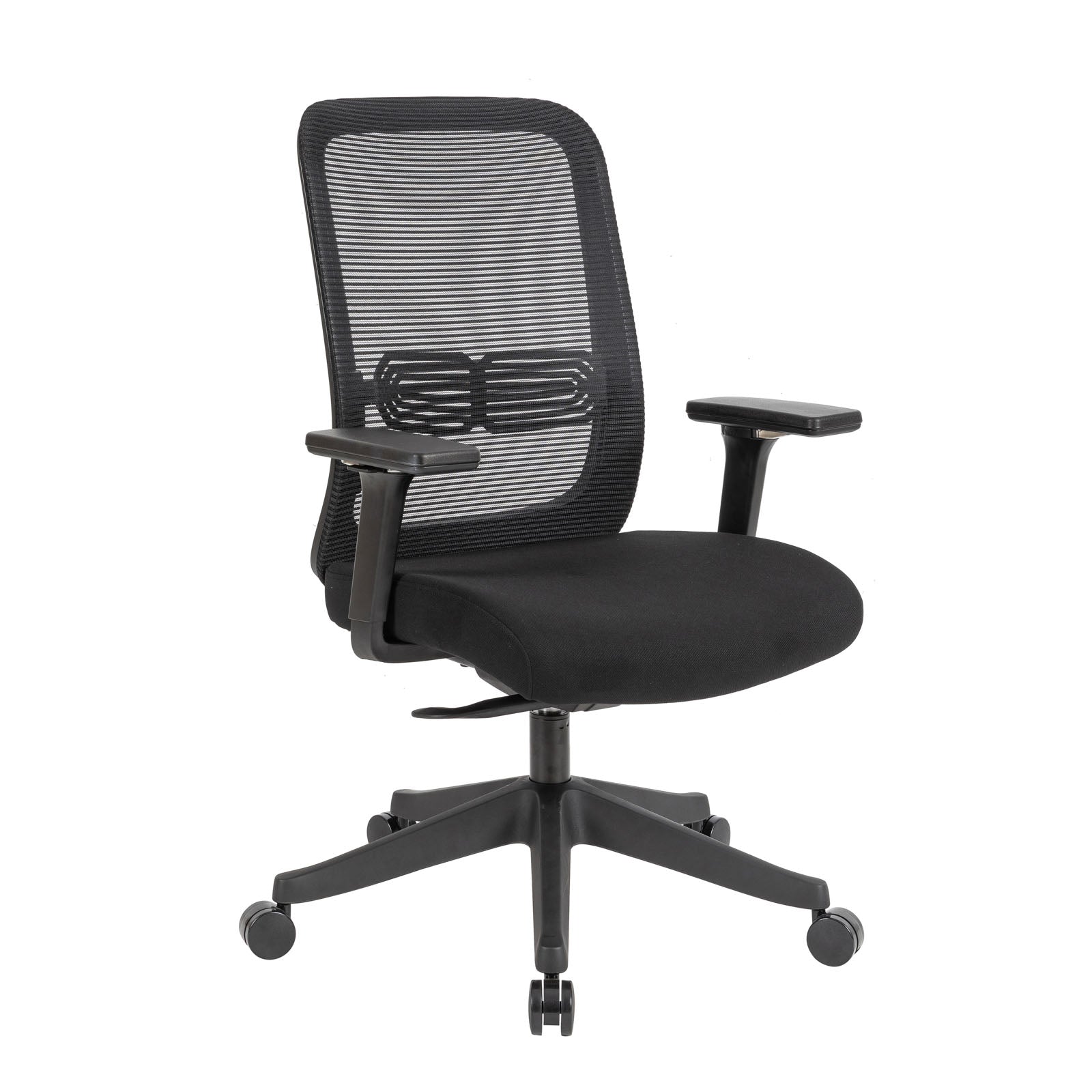A black mesh office task chair with a padded seat, adjustable armrests, and a five-star wheeled base, shown against a plain white background.
