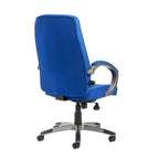 Blue office chair with silver accents on a white background