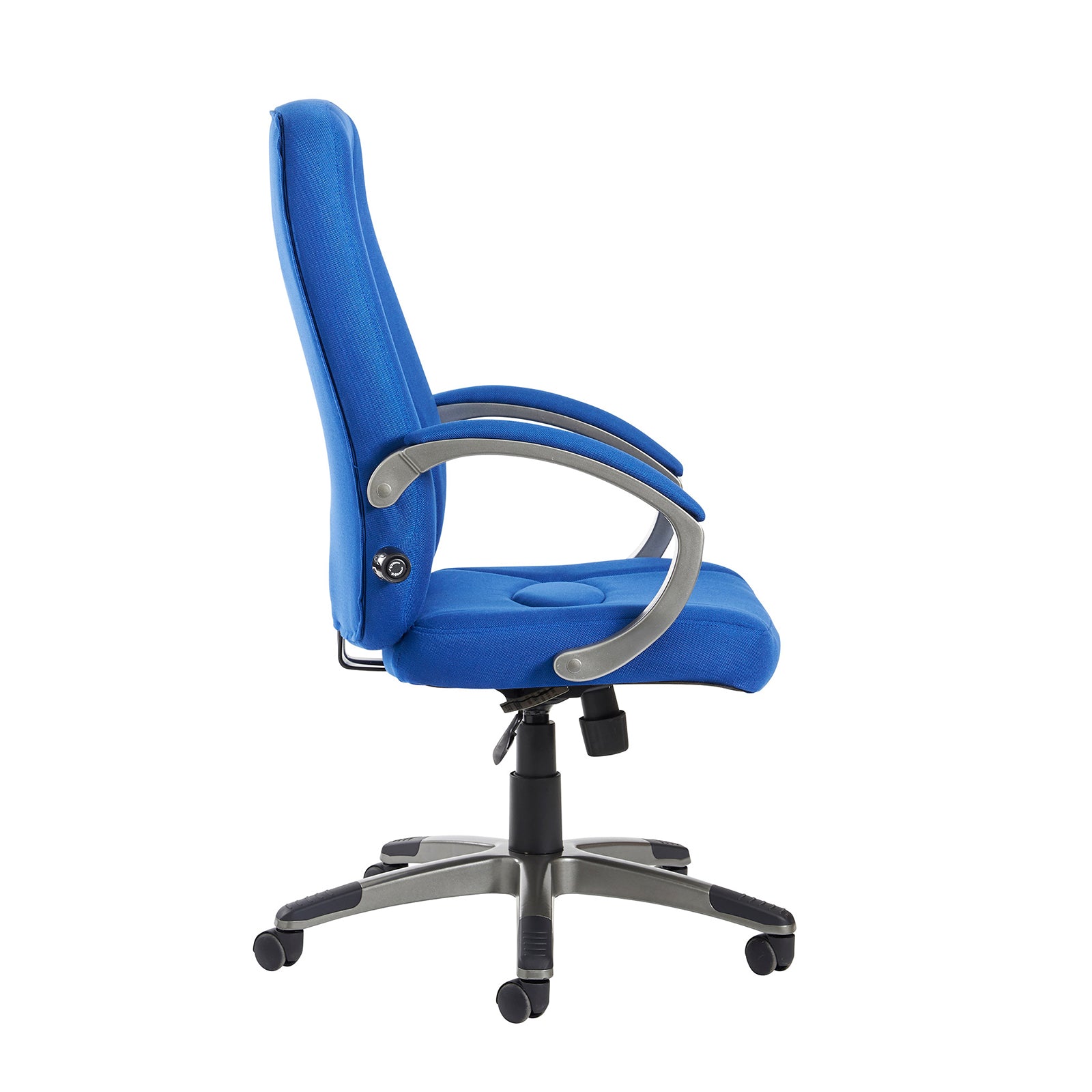 Blue office chair with silver accents on a white background