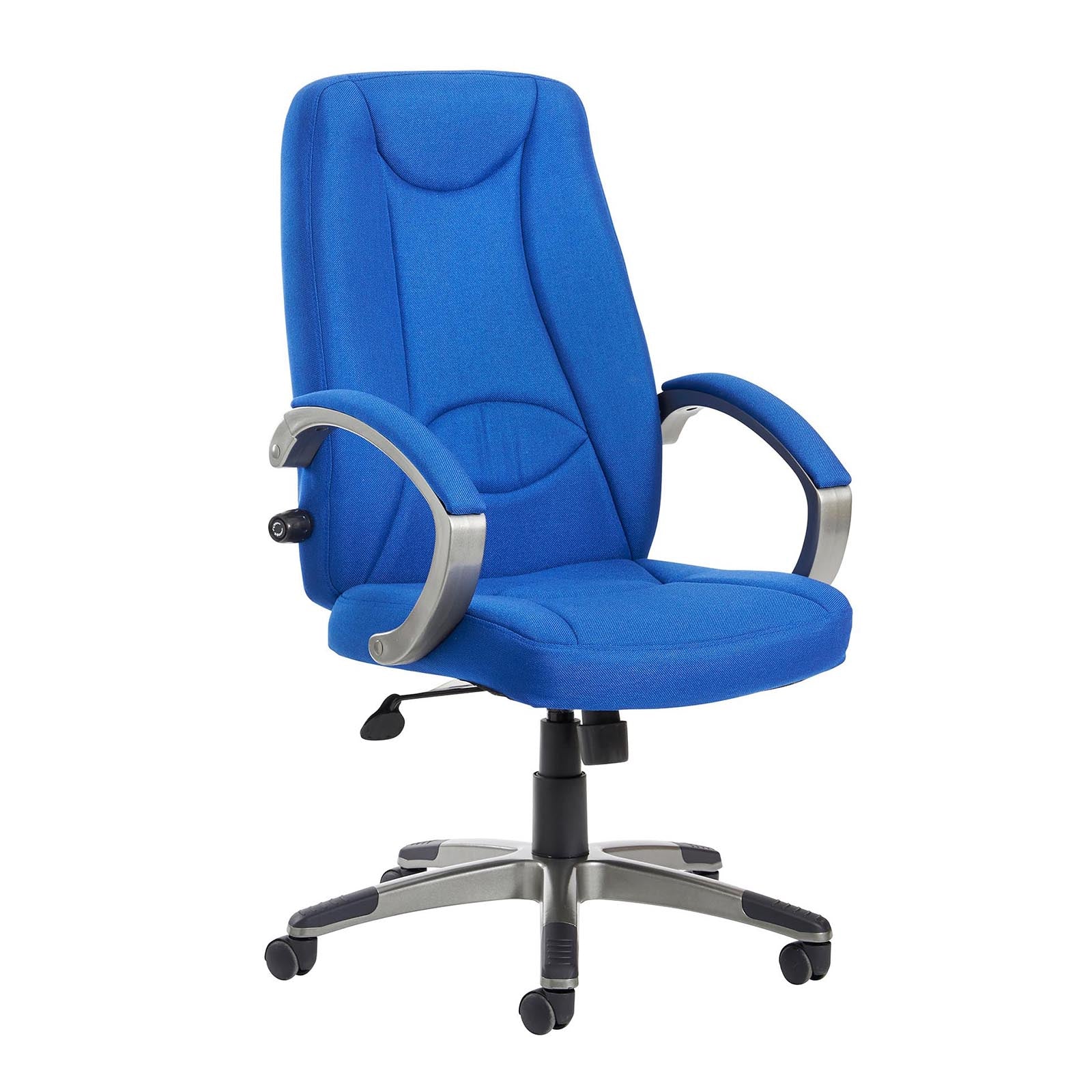 Blue office chair with silver accents on a white background
