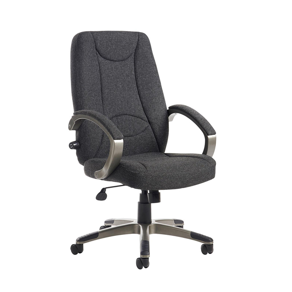 Grey office chair with armrests on a white background