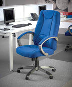 Blue office chair in an office setting with desks and computers.