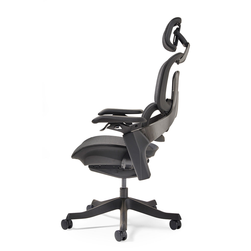 Black ergonomic office chair with mesh back on a white background