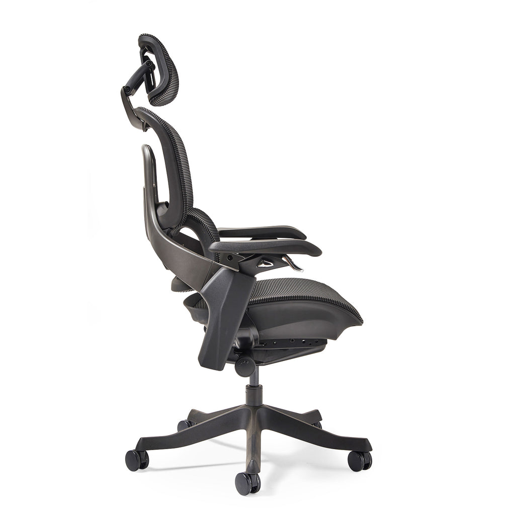 Black ergonomic office chair with mesh back on a white background
