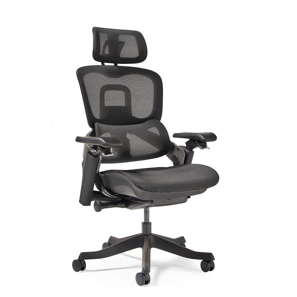 Black ergonomic office chair with mesh back on a white background