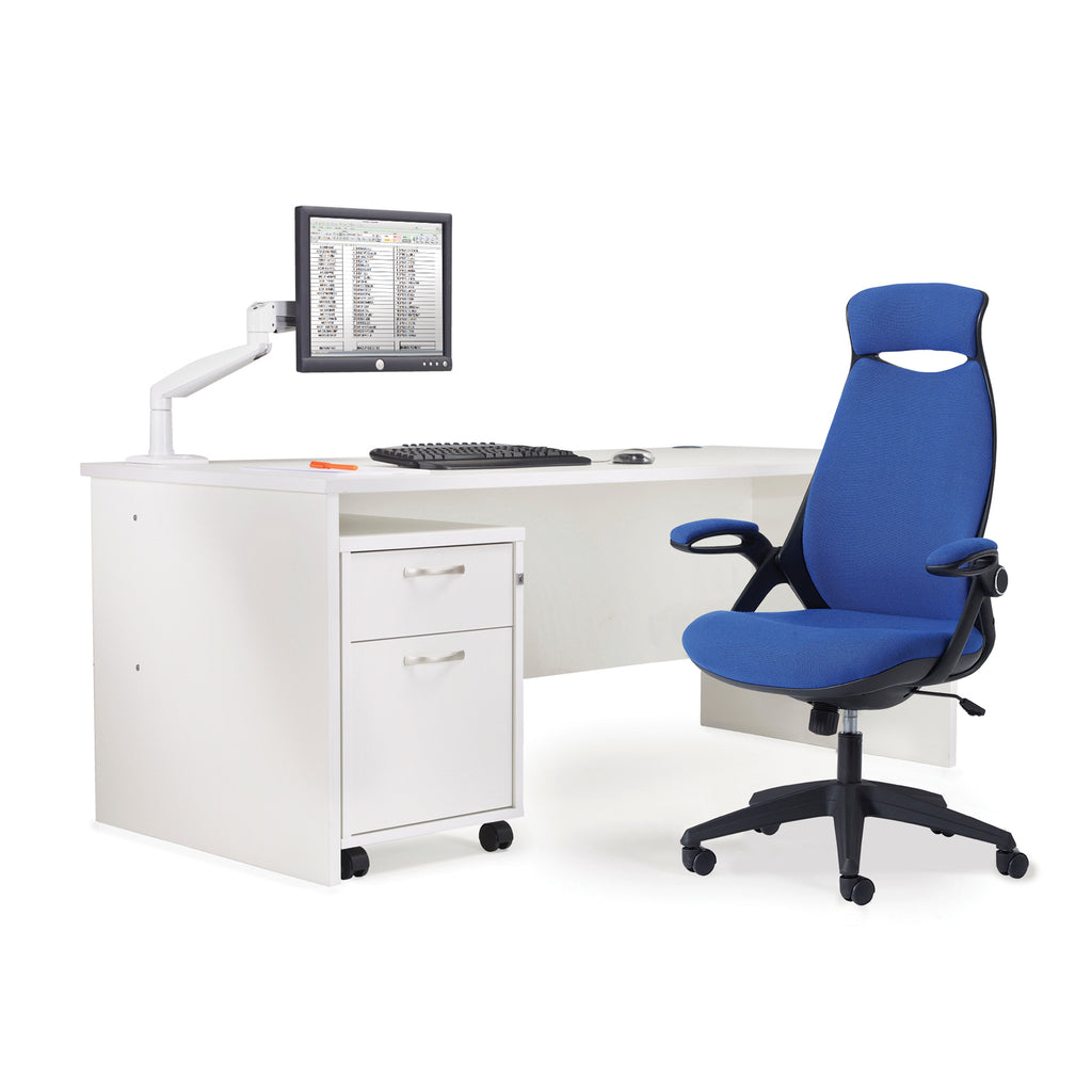 White office desk with blue chair and computer setup on a white background