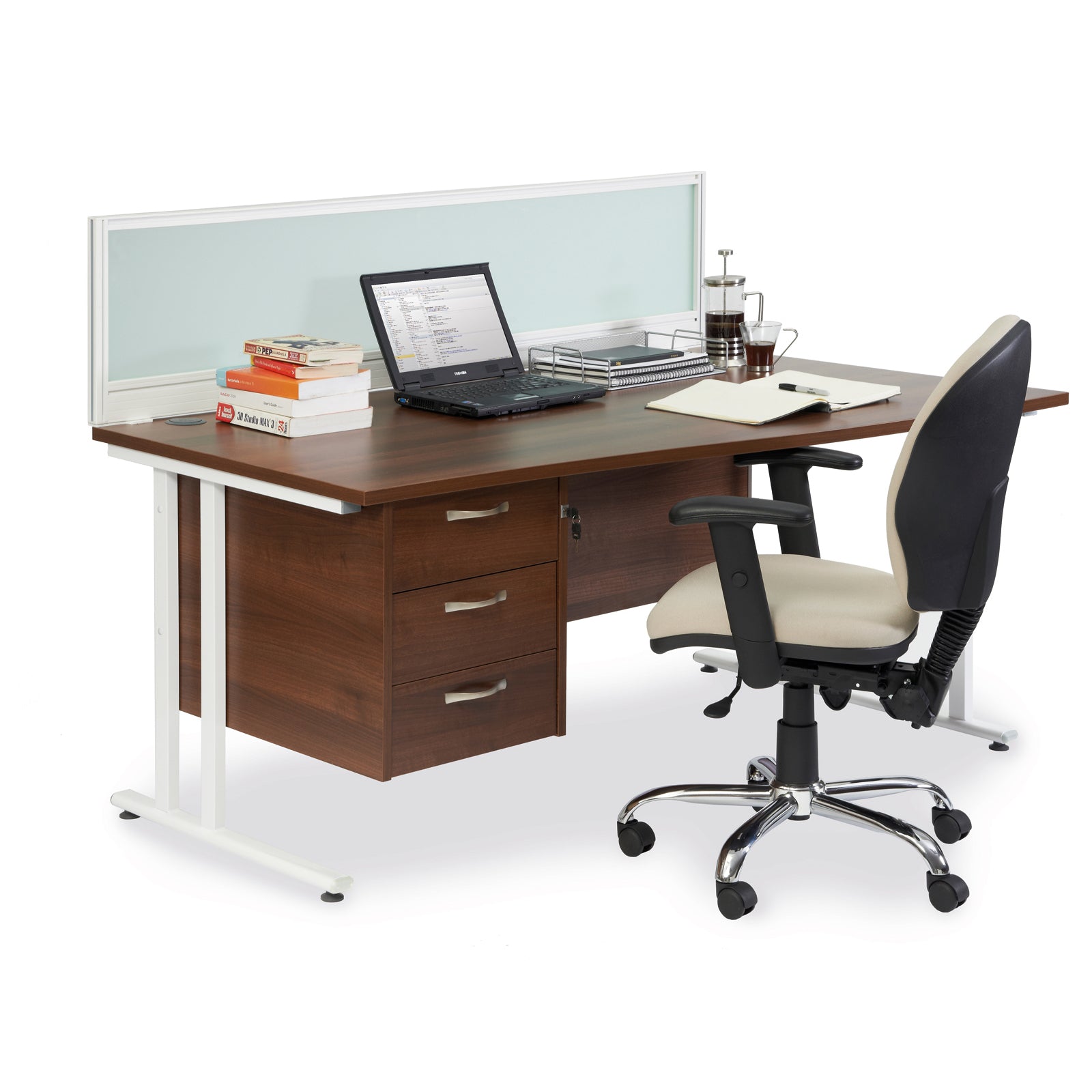 Office desk with a dark wood-effect top, white metal legs, integrated three-drawer pedestal, and desk-mounted privacy screen, shown with a task chair on a white background.