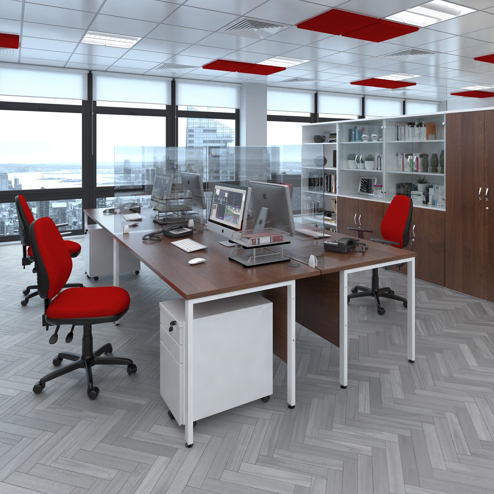 Modern office with red chairs, glass partitions, and large windows.