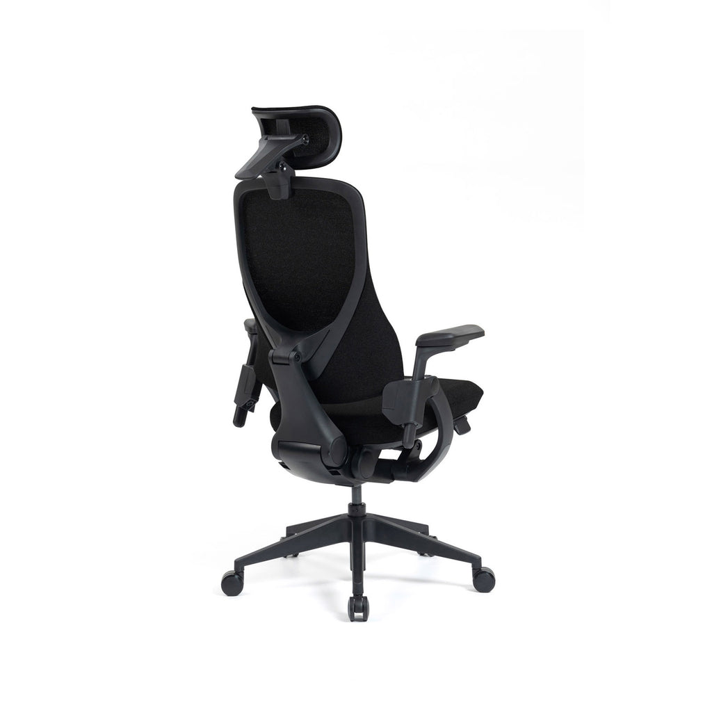 Black office chair with adjustable headrest on a white background