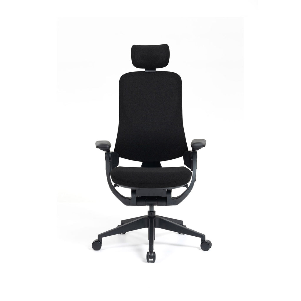 Black office chair with headrest on a white background
