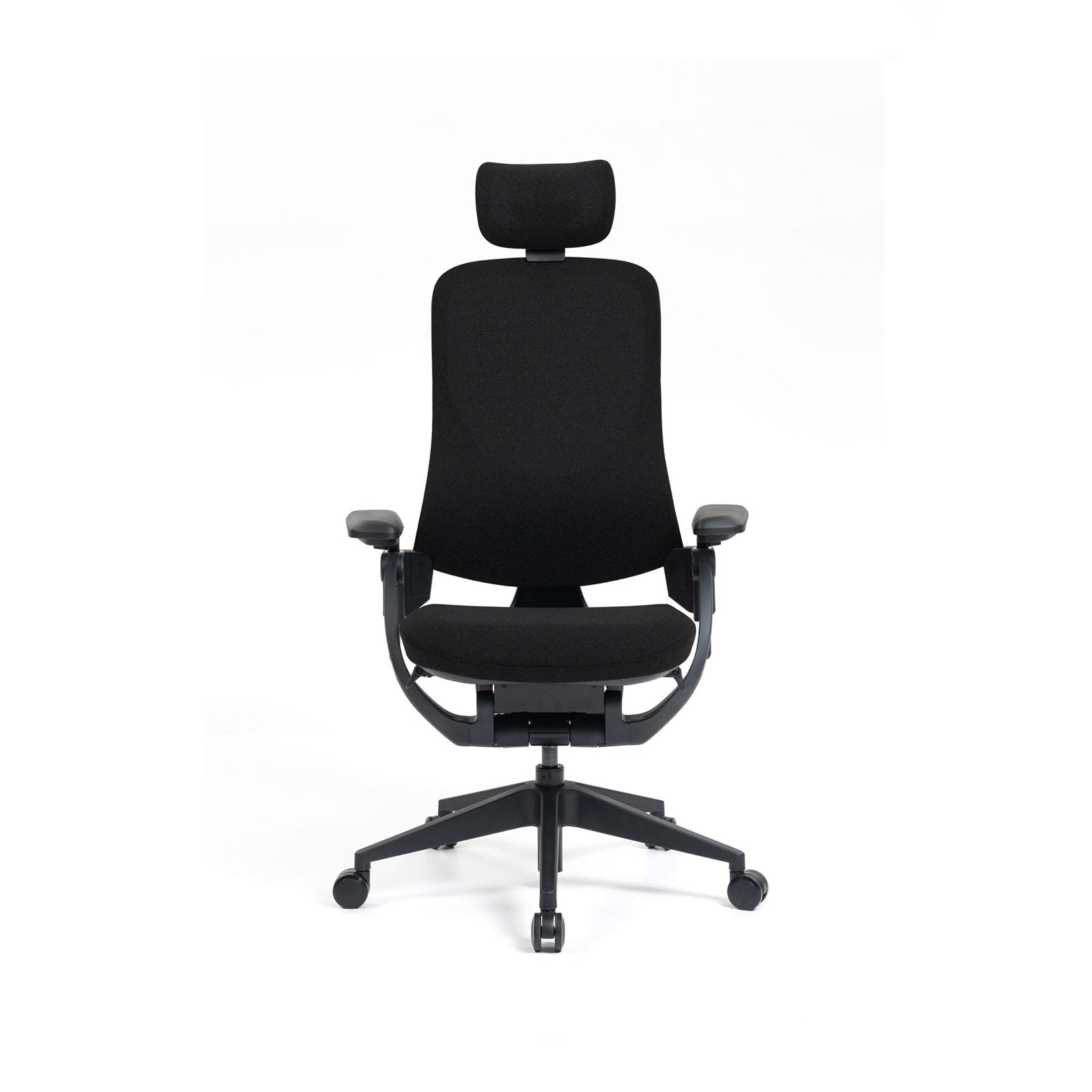 Black office chair with headrest on a white background