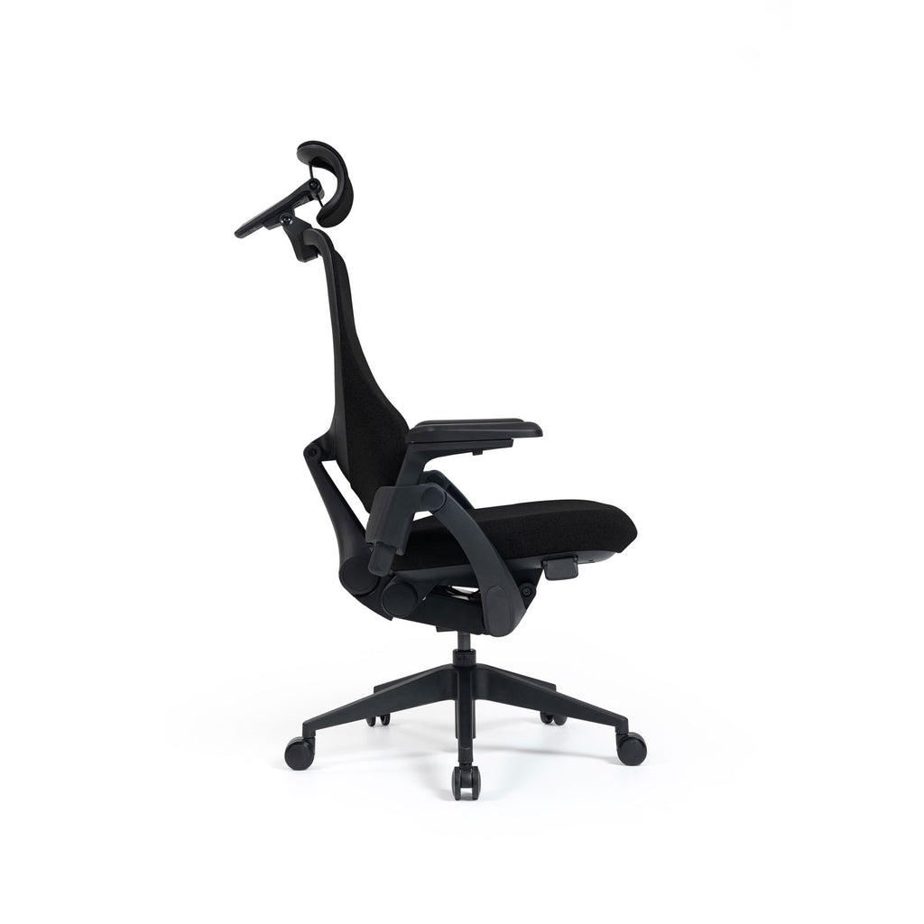 Black office chair with headrest on a white background
