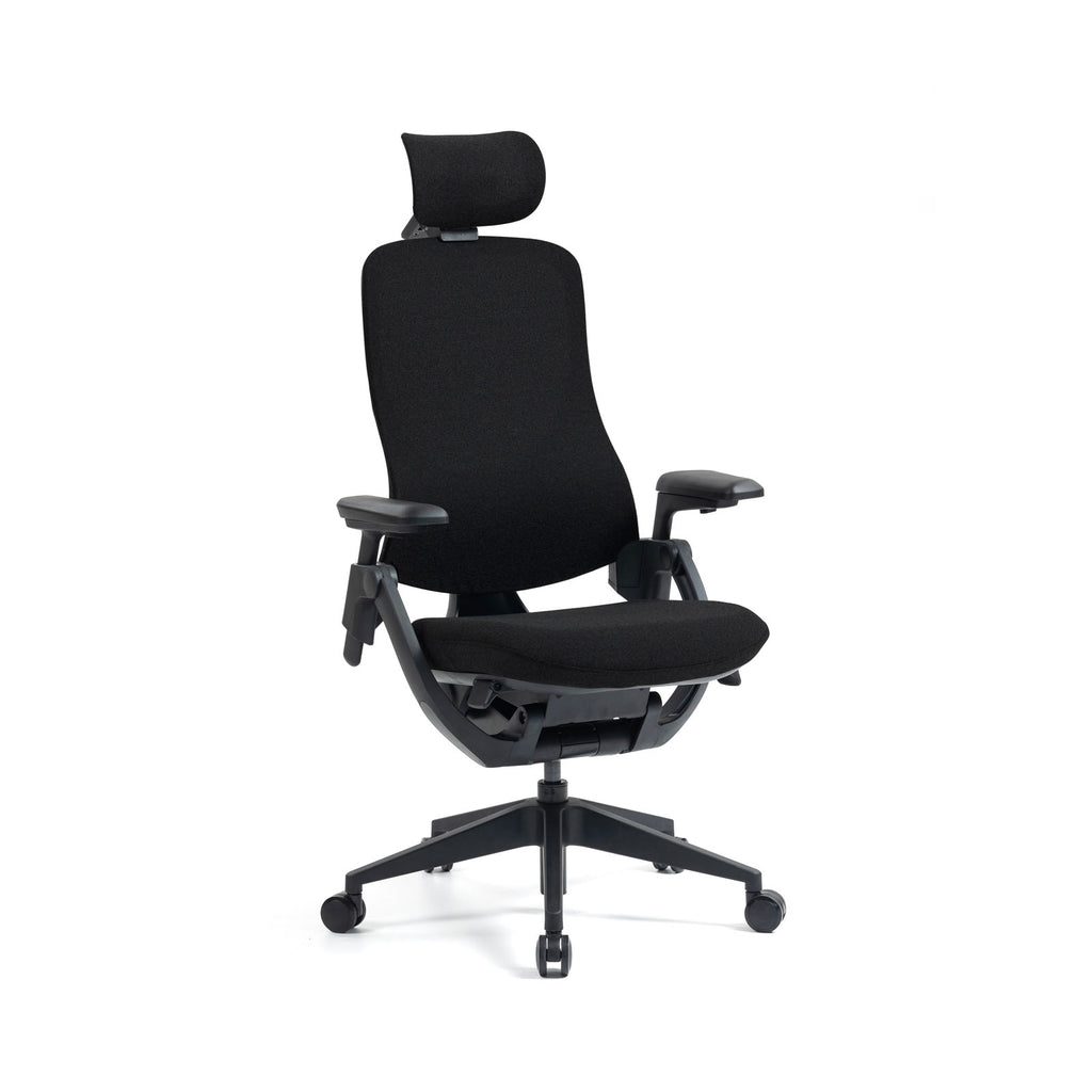 Black office chair with headrest on a white background