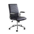 Black leather chair with chrome frame and padded armrests on a white background