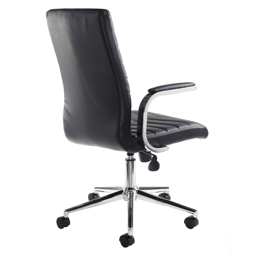 Black leather chair with chrome frame and padded armrests on a white background