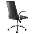 Black leather chair with chrome frame and padded armrests on a white background
