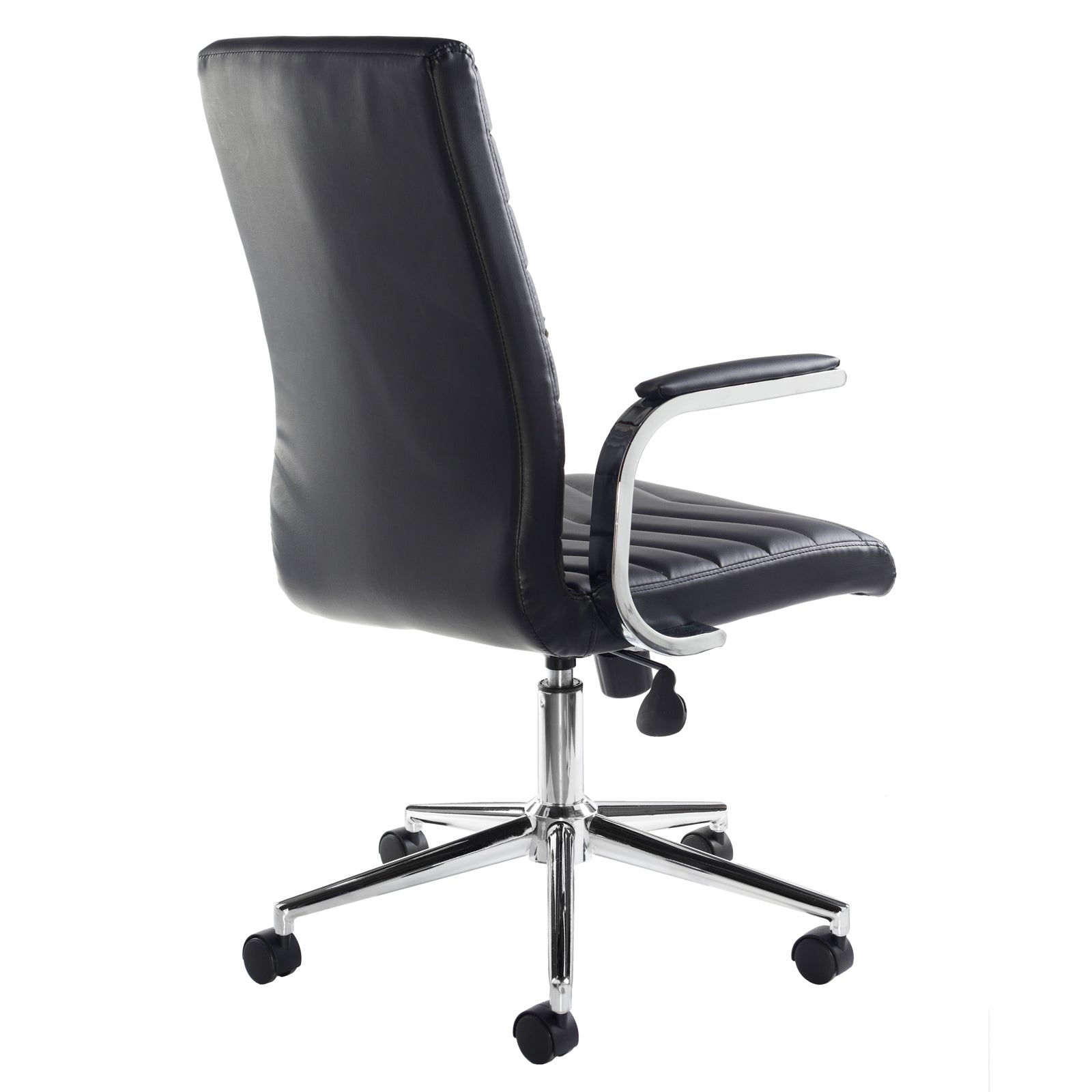 Black leather chair with chrome frame and padded armrests on a white background
