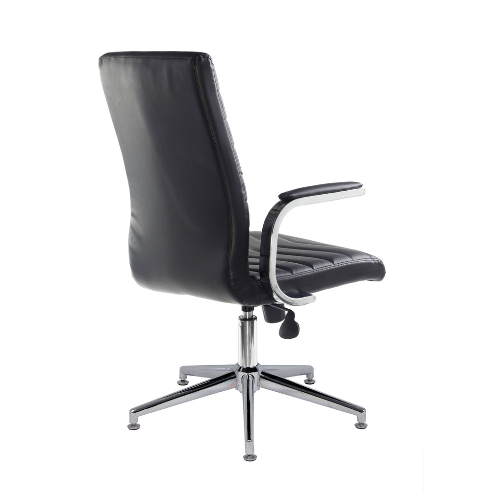 Black leather chair with chrome frame and padded armrests on a white background
