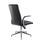 Black leather chair with chrome frame and padded armrests on a white background