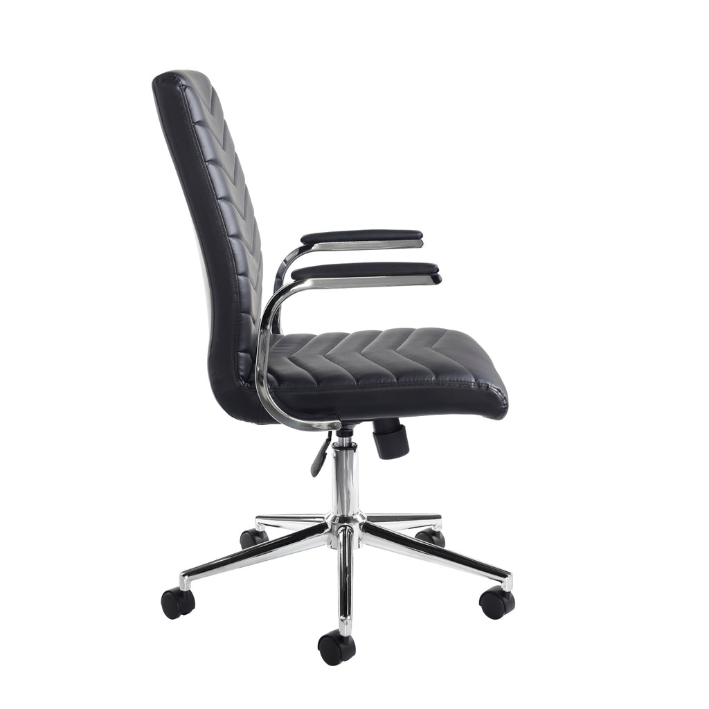 Black leather chair with chrome frame and padded armrests on a white background