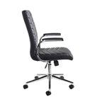 Black leather chair with chrome frame and padded armrests on a white background
