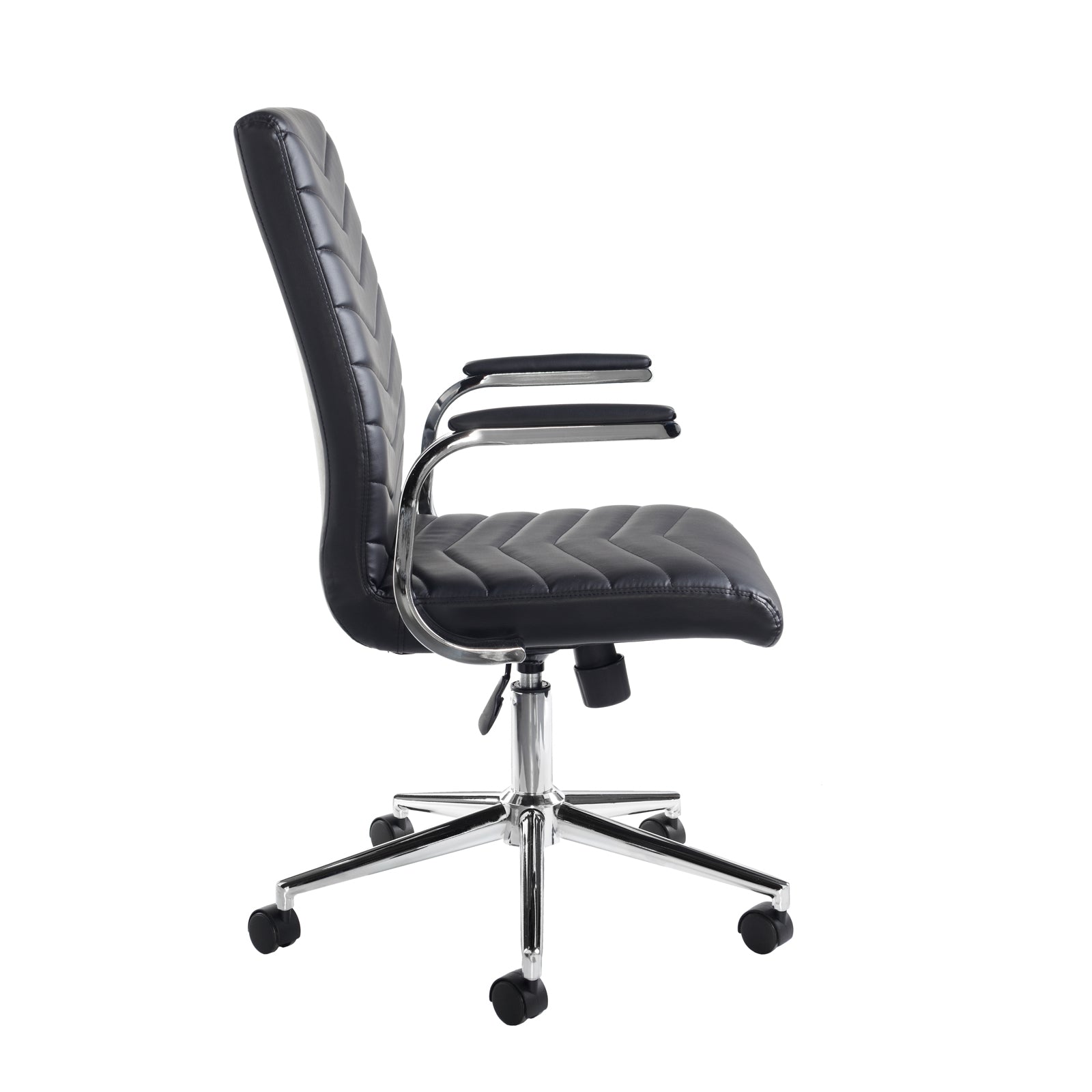 Black leather chair with chrome frame and padded armrests on a white background