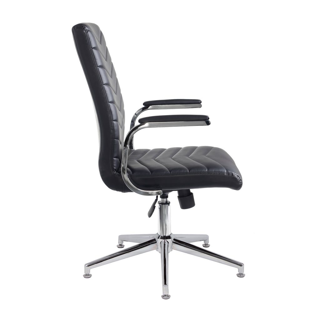 Black leather chair with chrome frame and padded armrests on a white background