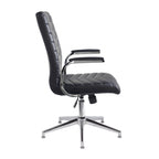 Black leather chair with chrome frame and padded armrests on a white background
