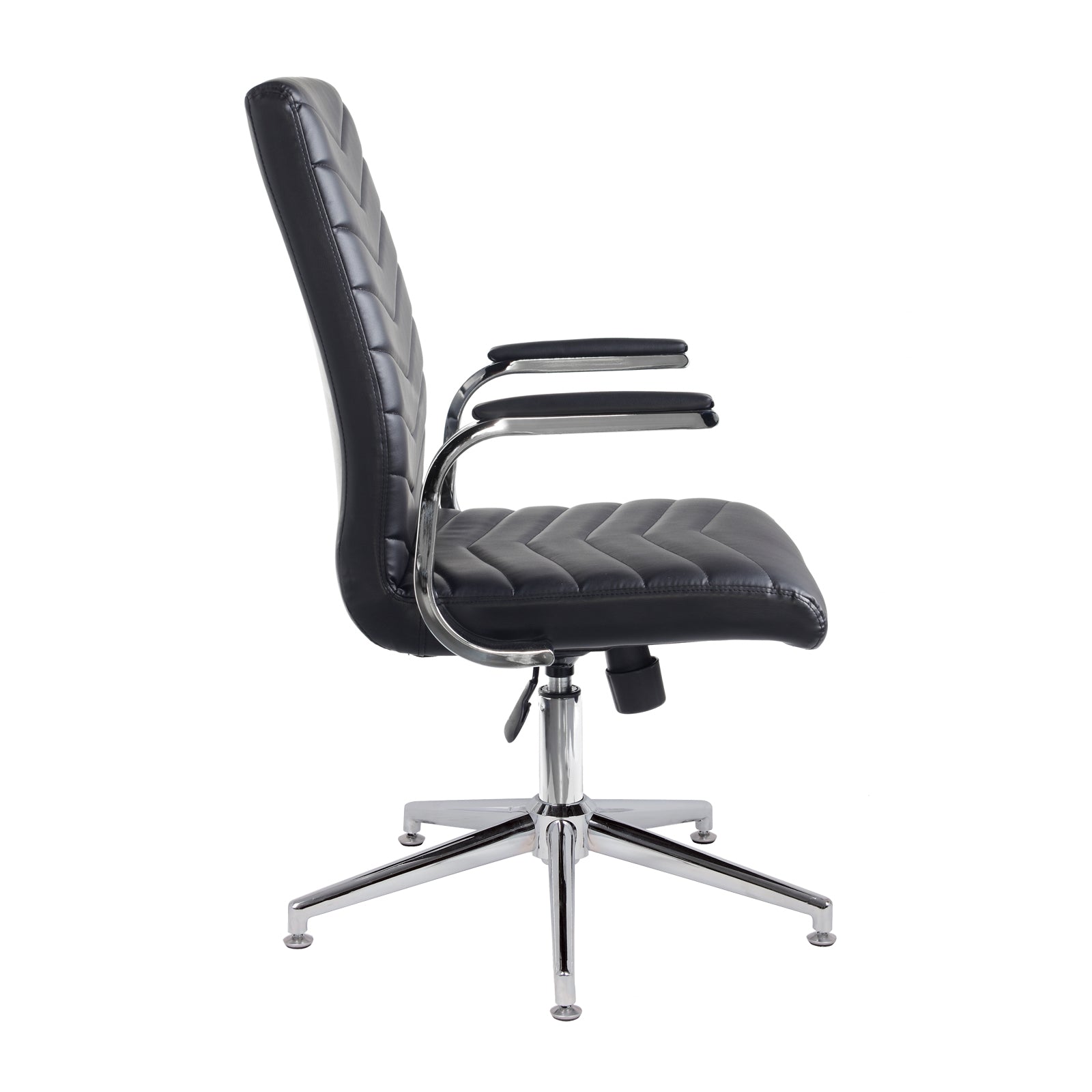Black leather chair with chrome frame and padded armrests on a white background