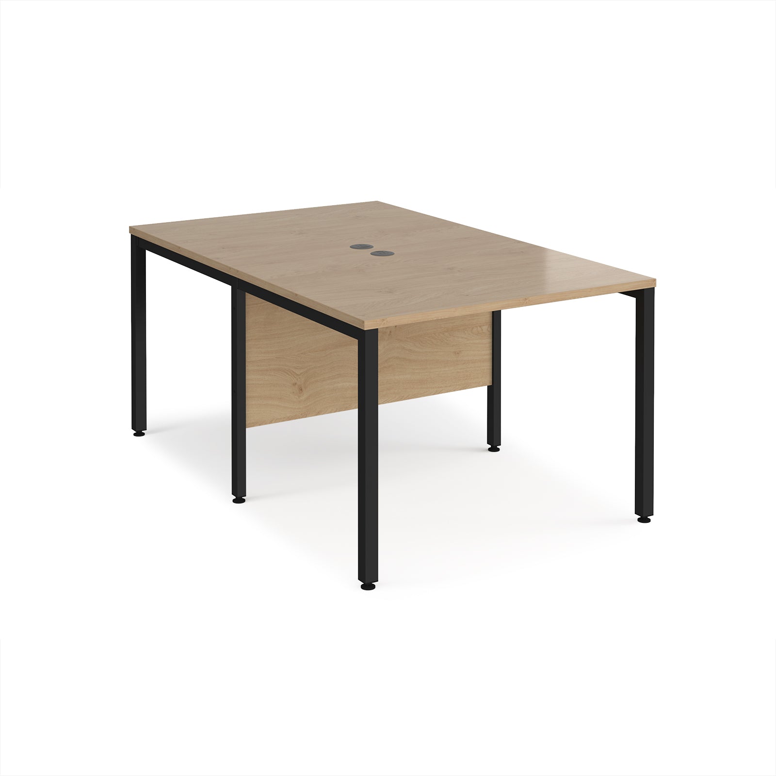 Back-to-back office desk with wood-effect top and black metal frame on a white background