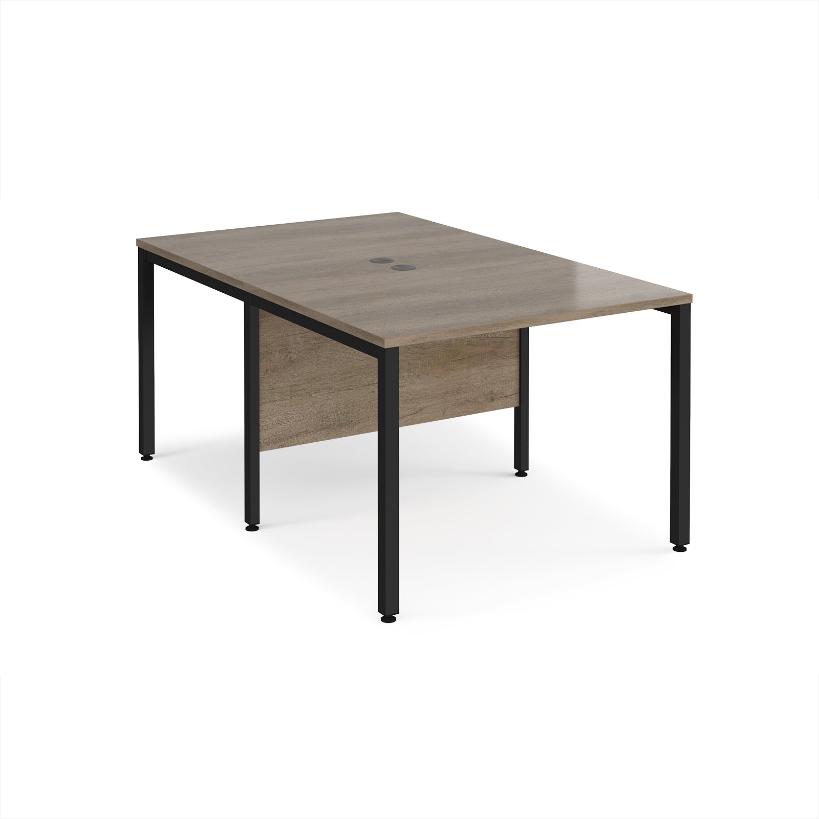 Back-to-back office desk with wood-effect top and black metal frame on a white background