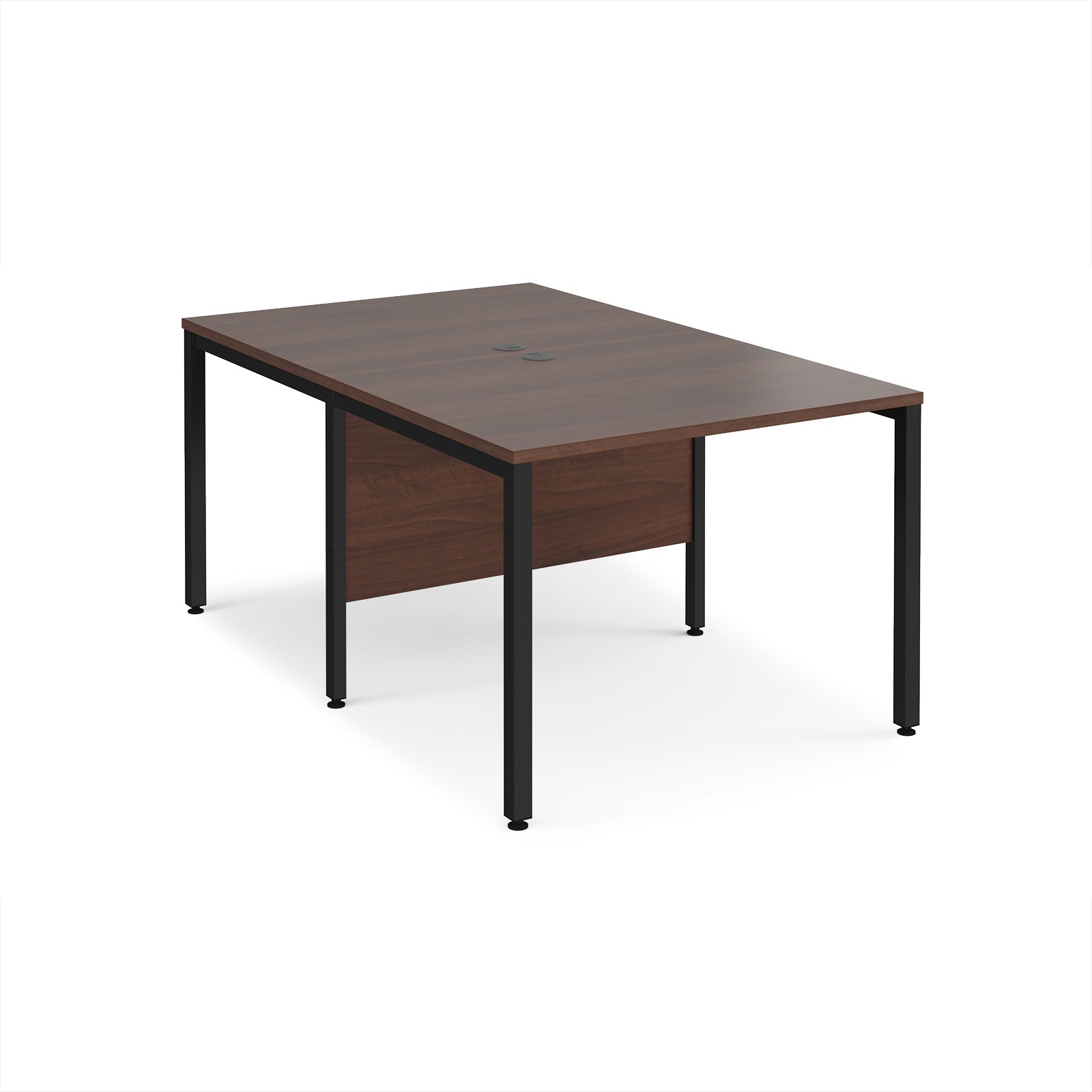 Back-to-back office desk with wood-effect top and black metal frame on a white background