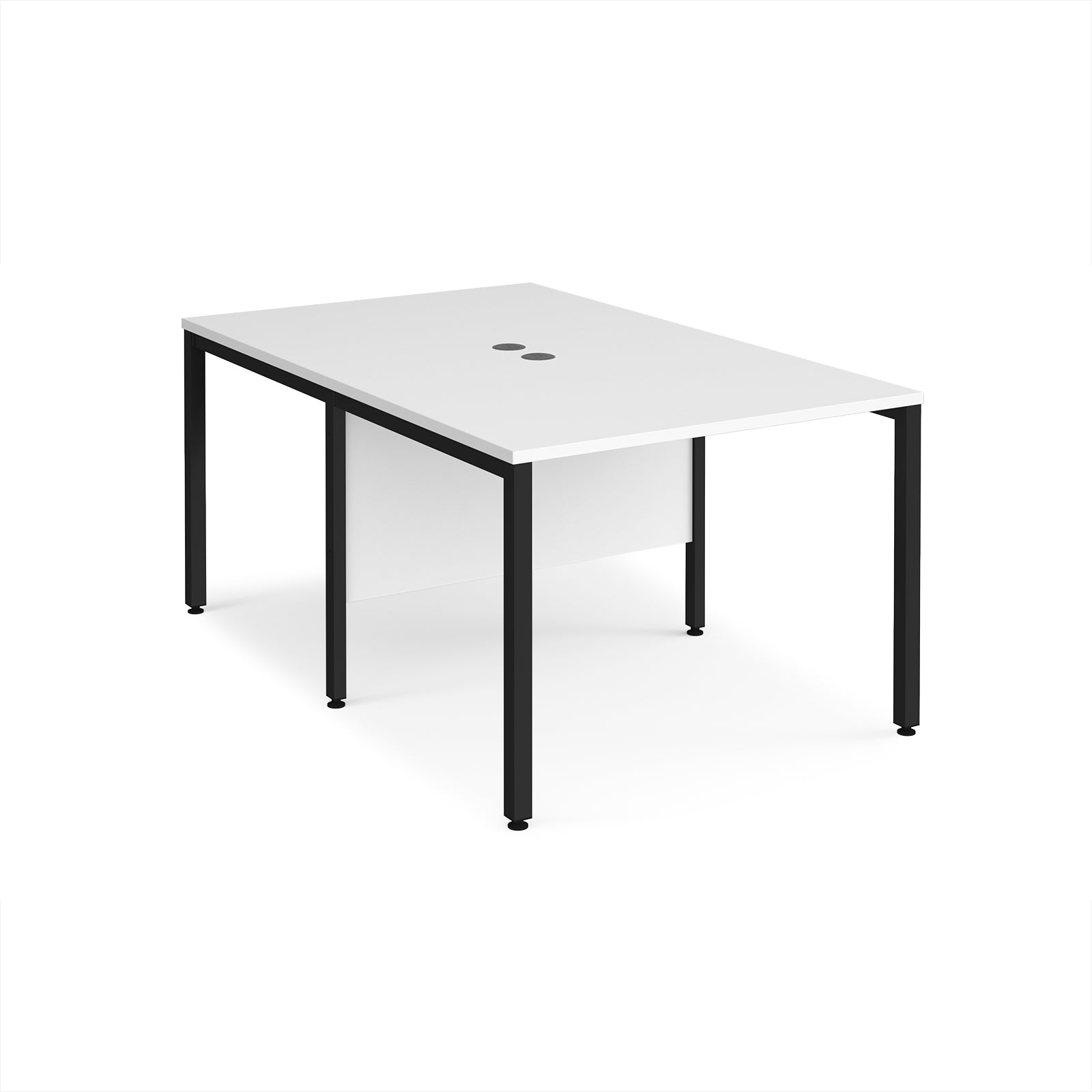 Back-to-back office desk with white top and black metal frame on a white background