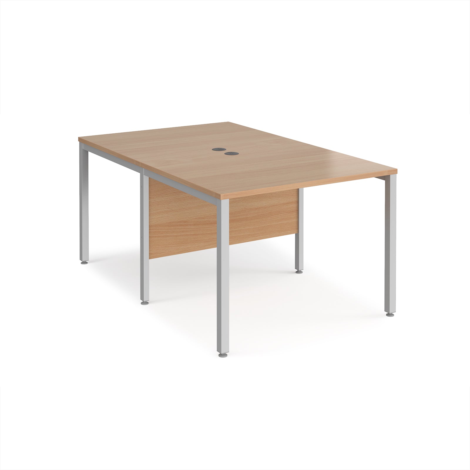 Back-to-back office desk with wood-effect top and silver metal frame on a white background