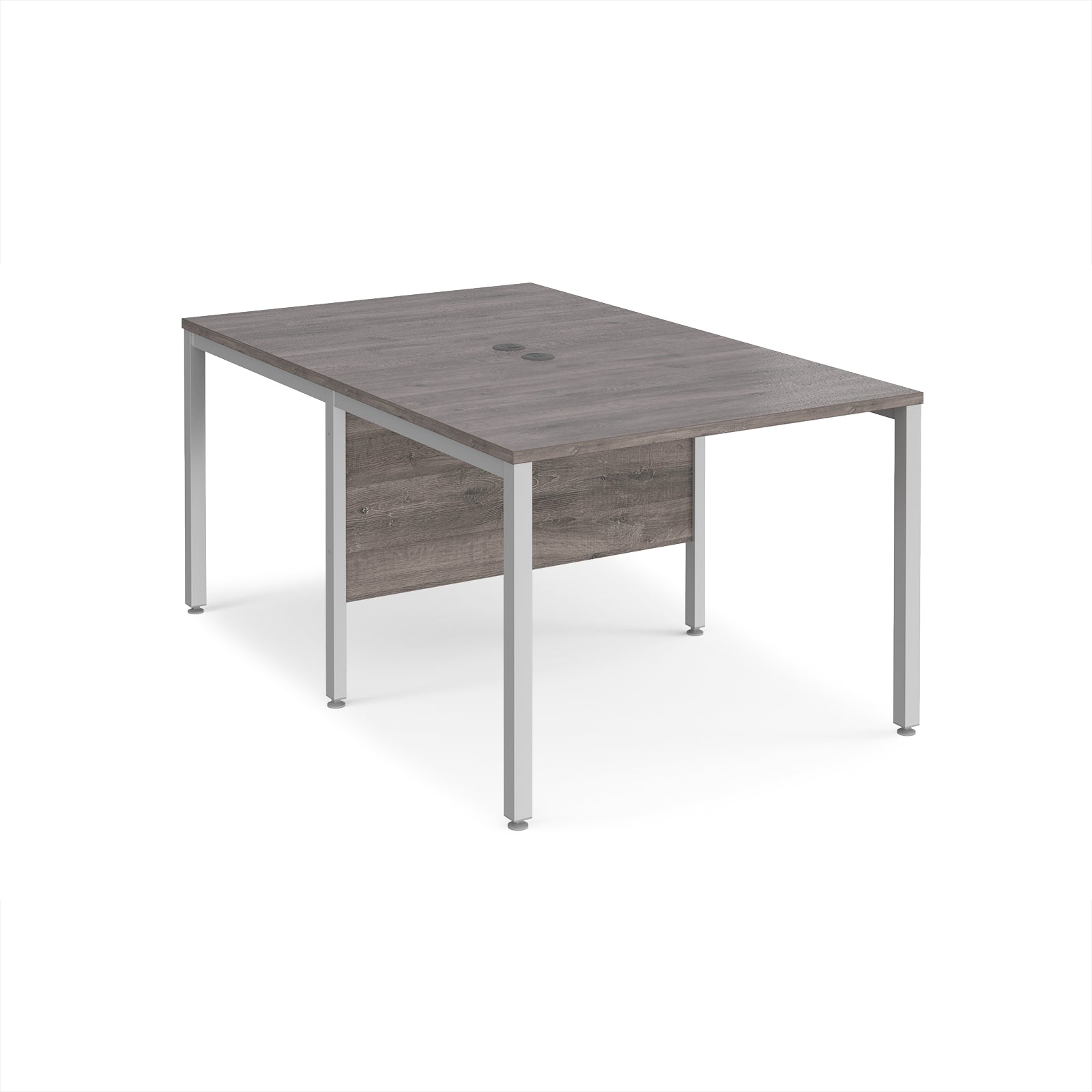 Back-to-back office desk with grey wood-effect top and silver metal frame on a white background