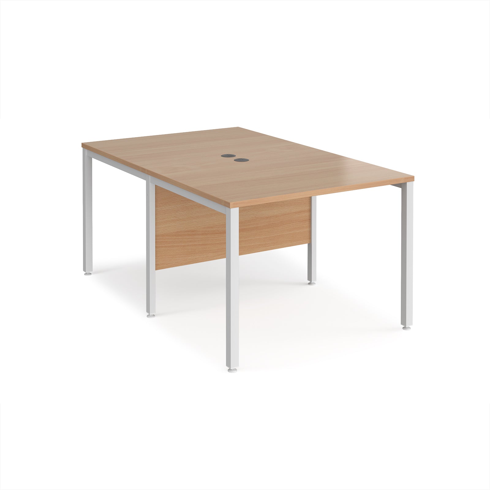 Back-to-back office desk with wood-effect top and white metal frame on a white background
