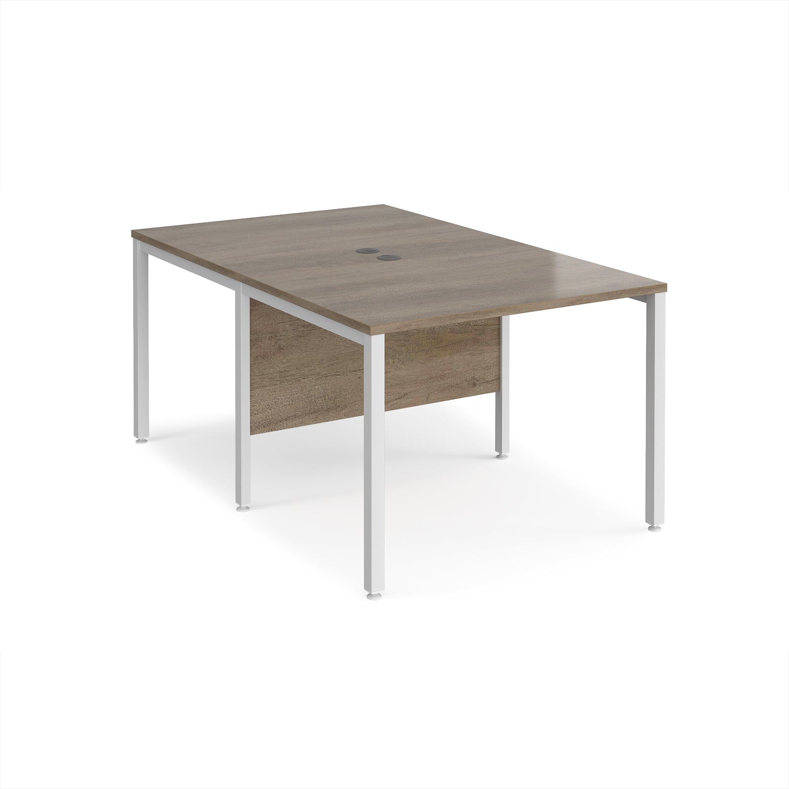 Back-to-back office desk with wood-effect top and white metal frame on a white background