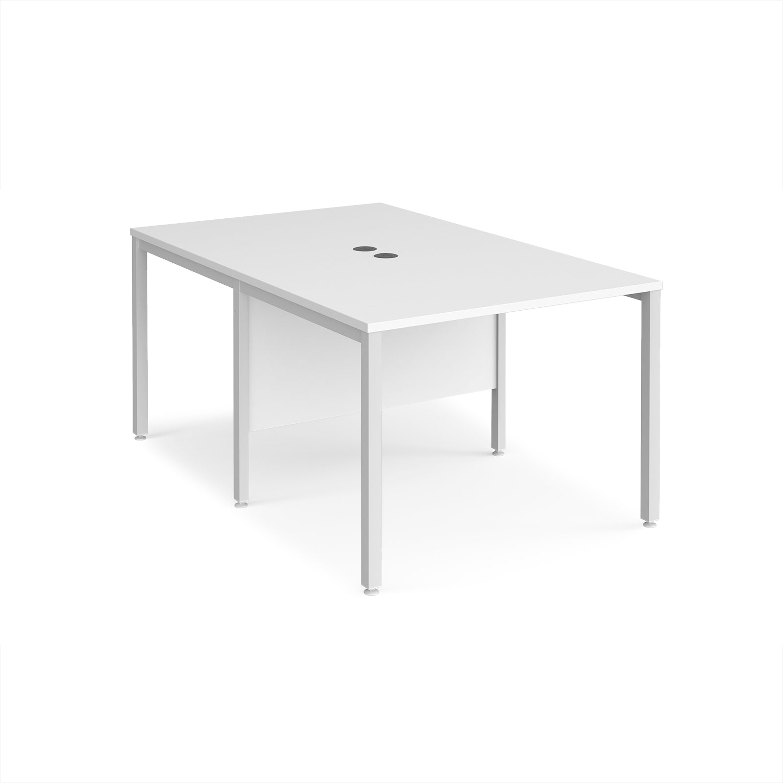 White back-to-back office desk with metal frame on a white background