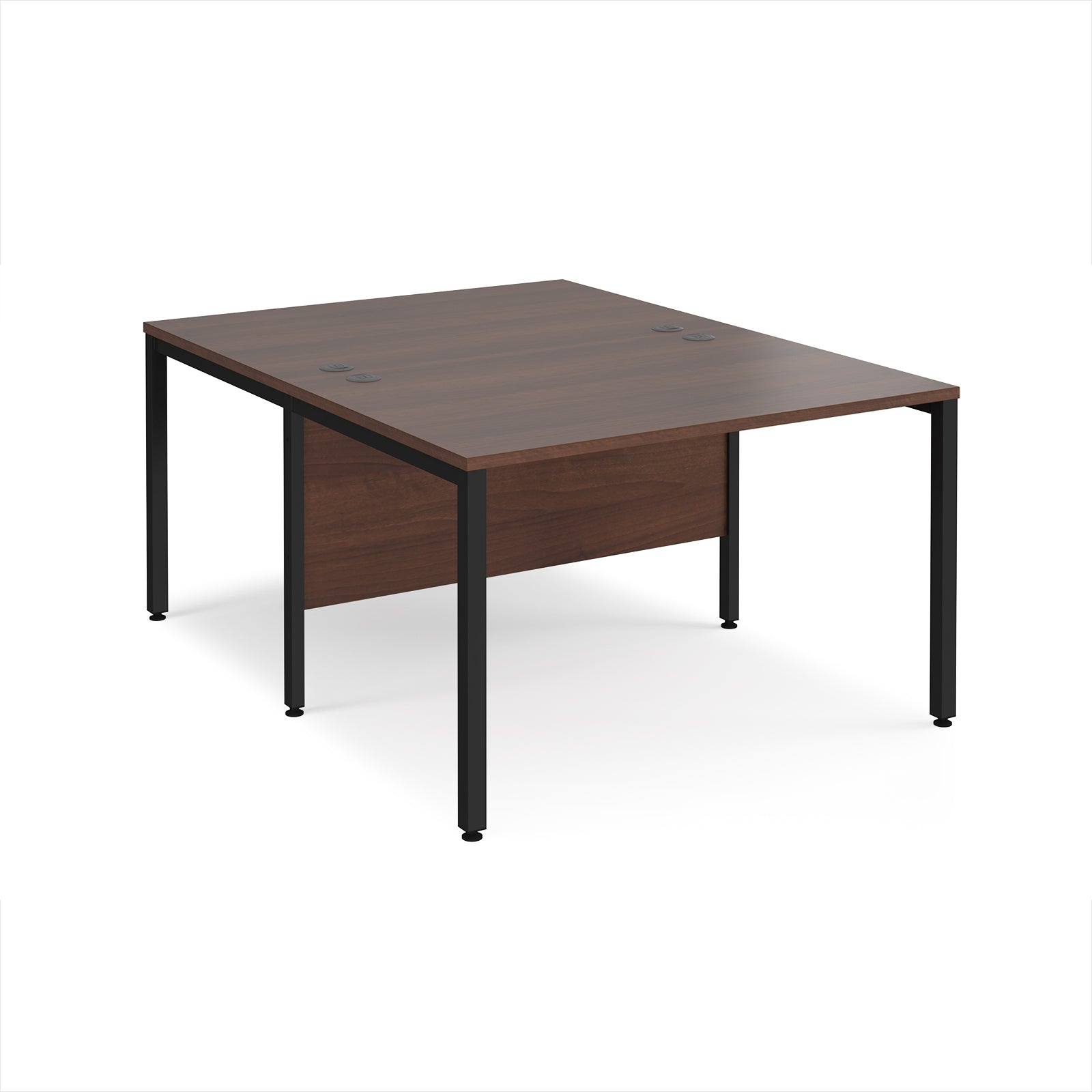 Back-to-back office desk with wood-effect top and black metal frame on a white background