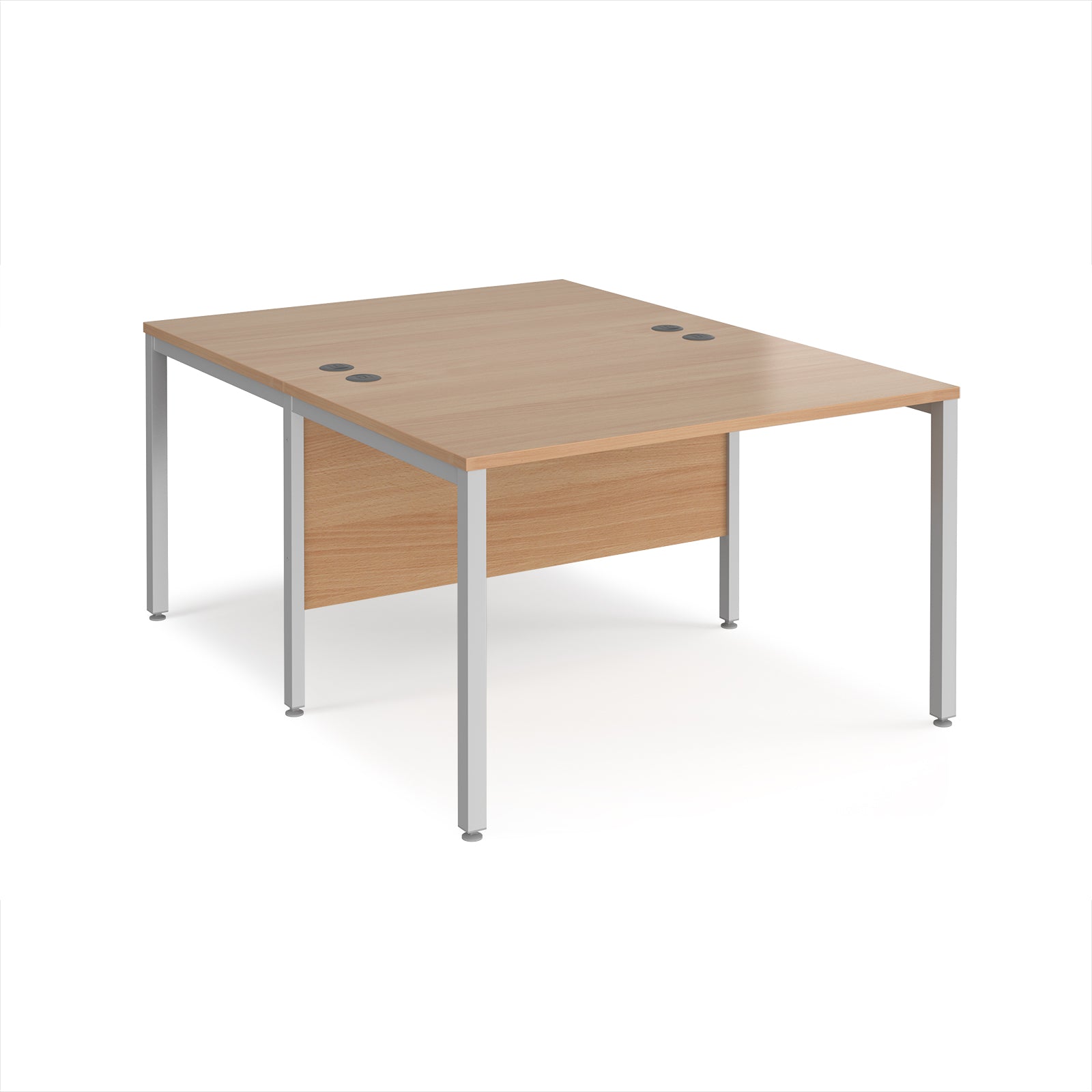 Back-to-back office desk with wood-effect top and silver metal frame on a white background