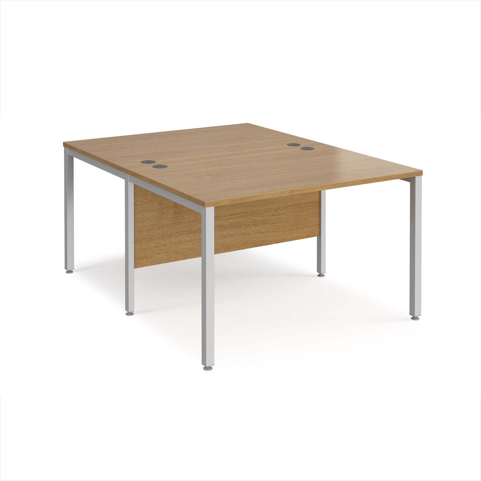 Back-to-back office desk with wood-effect top and silver metal frame on a white background