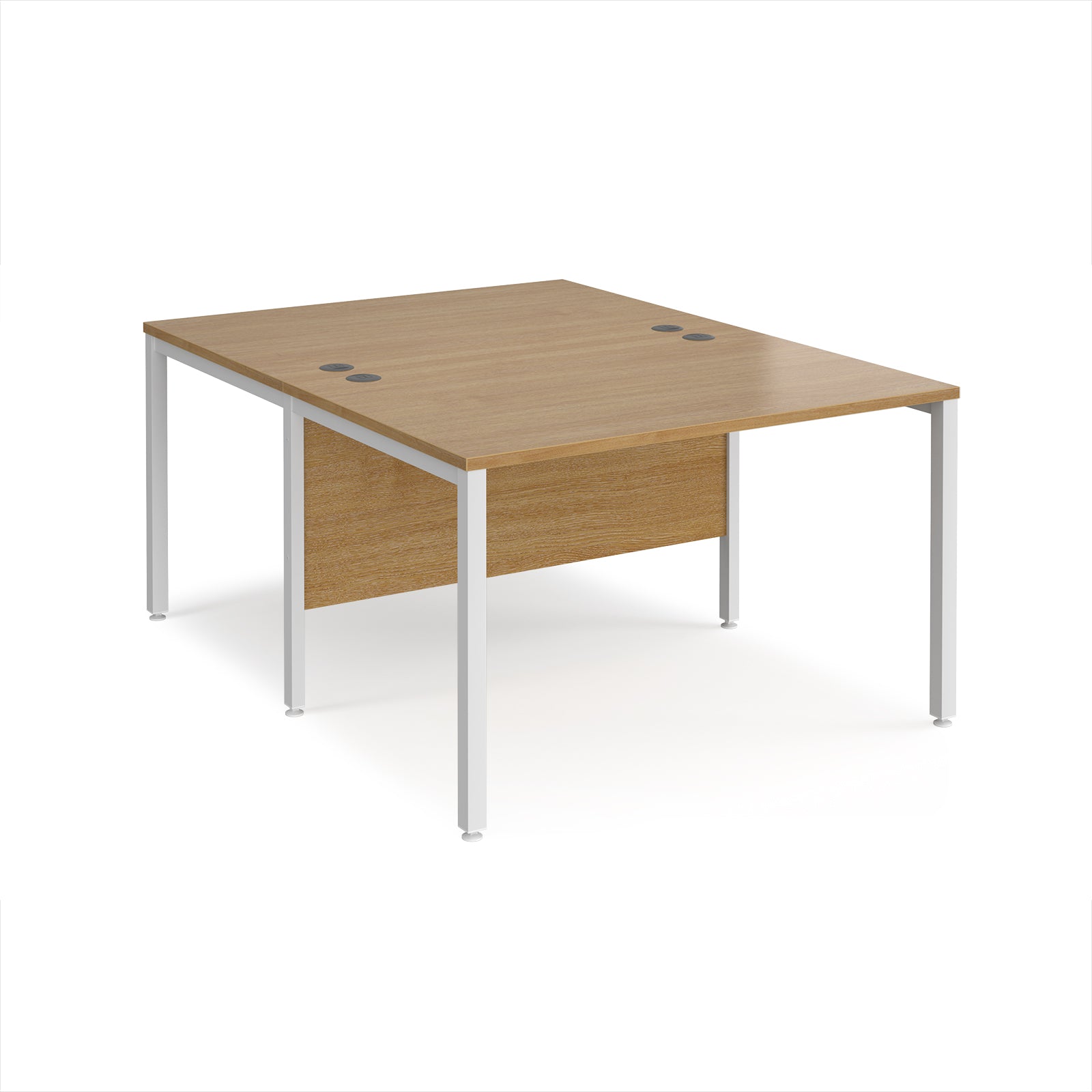 Back-to-back office desk with wood-effect top and white metal frame on a white background