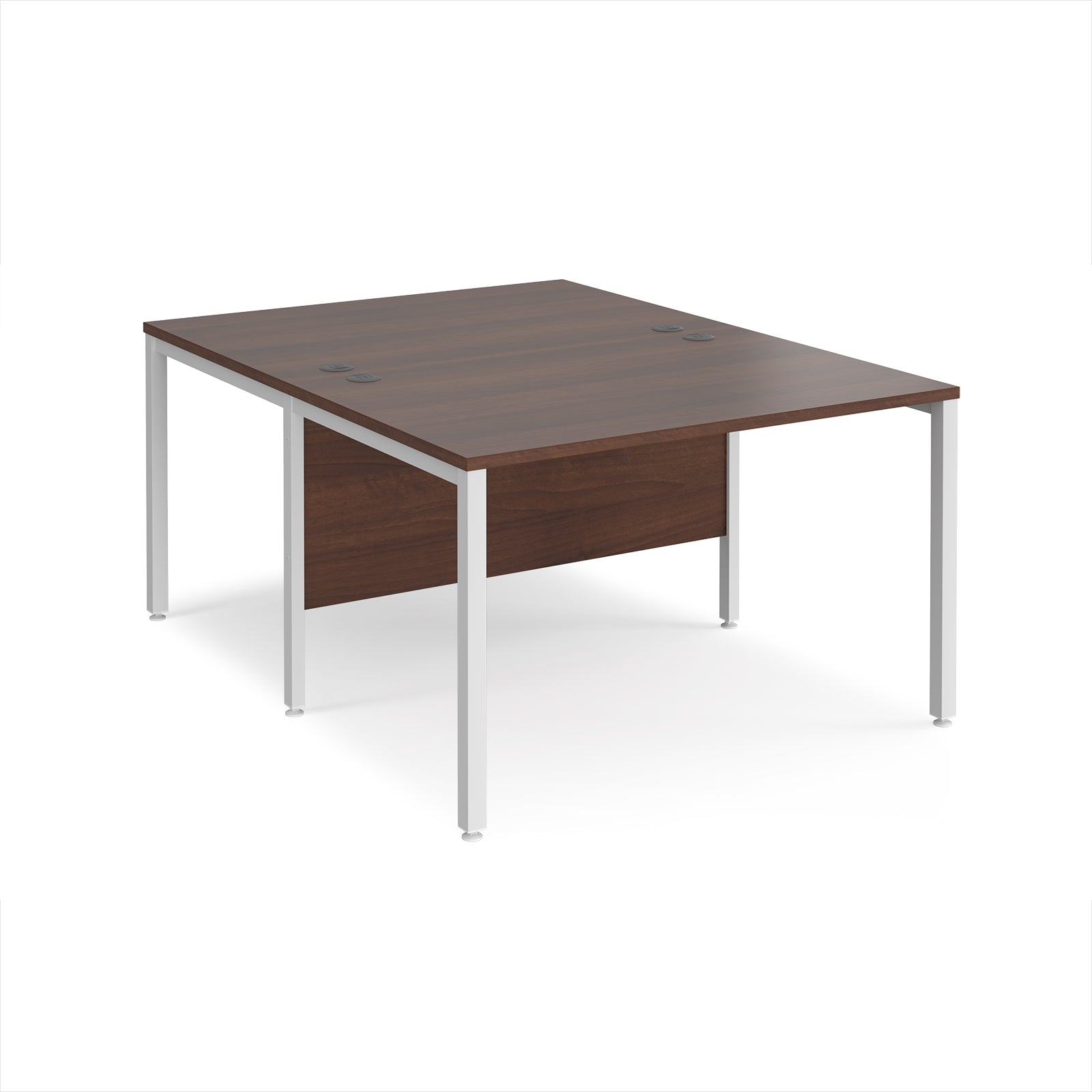 Back-to-back office desk with wood-effect top and white metal frame on a white background
