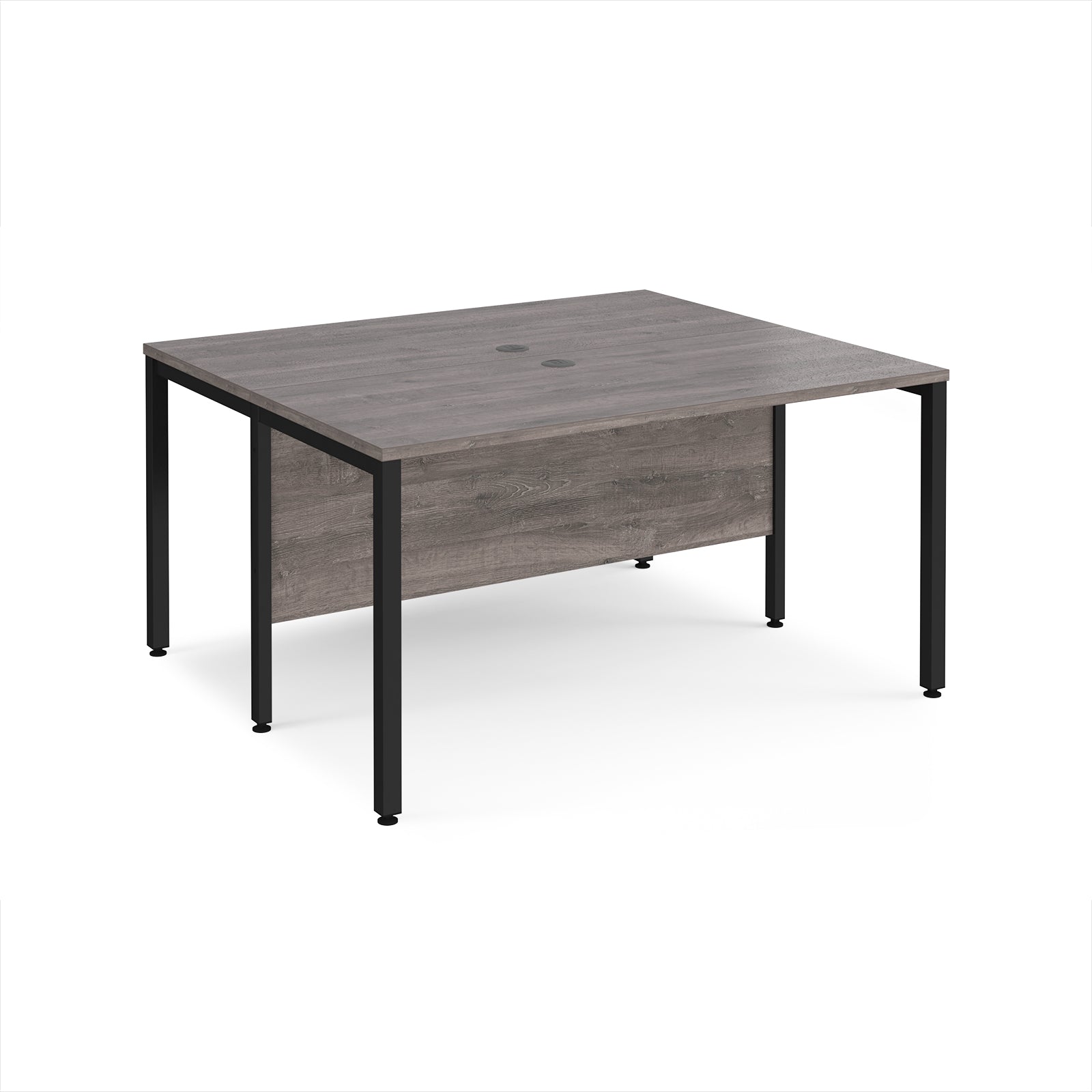 Back-to-back desk with grey wood-effect top and black metal frame on a white background